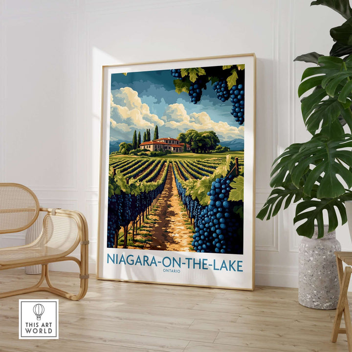 A vibrant Niagara-on-the-Lake poster showcasing vineyards and blue skies, perfect for home decor.