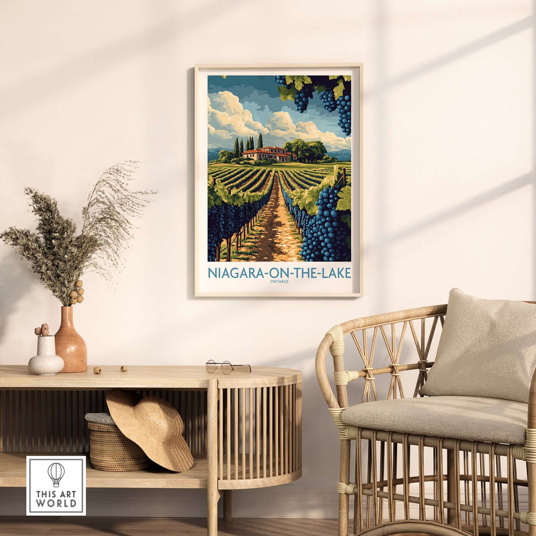 Stunning Niagara-on-the-Lake poster featuring vineyards, enhancing cozy decor in a stylish living space.