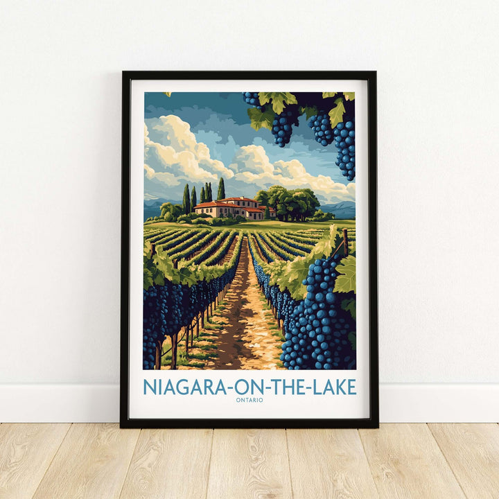 Niagara-on-the-Lake poster showcasing vineyards and scenic landscape in Ontario, perfect for travel and wine lovers.