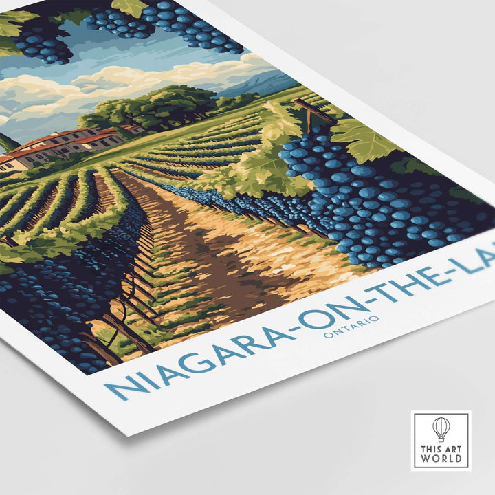 Niagara-on-the-Lake Canada poster featuring vineyards and blue grapes, perfect for wine lovers and decor enthusiasts.