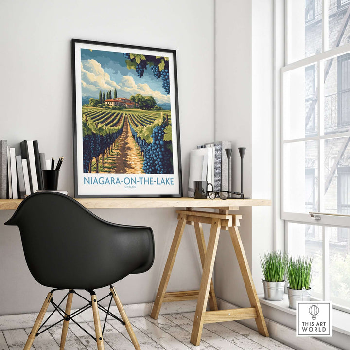 Elegant Niagara-on-the-Lake poster featuring vineyards in a stylish home office setting.