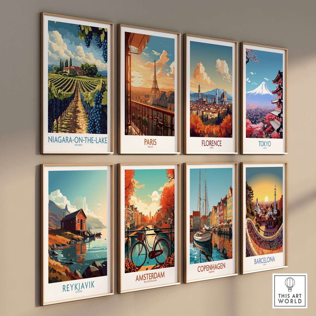 Colorful travel posters including Niagara-on-the-Lake, Paris, Florence, Tokyo, Reykjavik, Amsterdam, Copenhagen, and Barcelona.