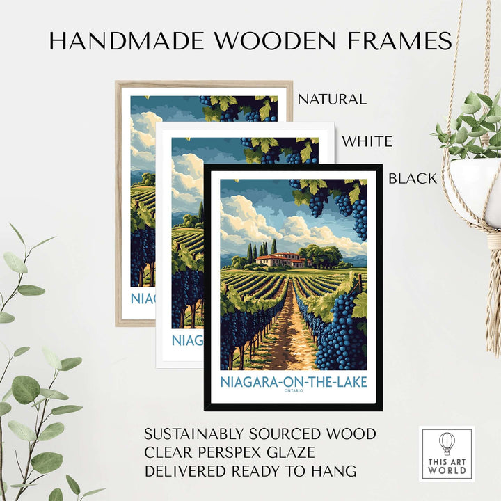 Handmade wooden frames in natural, white, and black for Niagara-on-the-Lake poster, sustainably sourced and ready to hang.