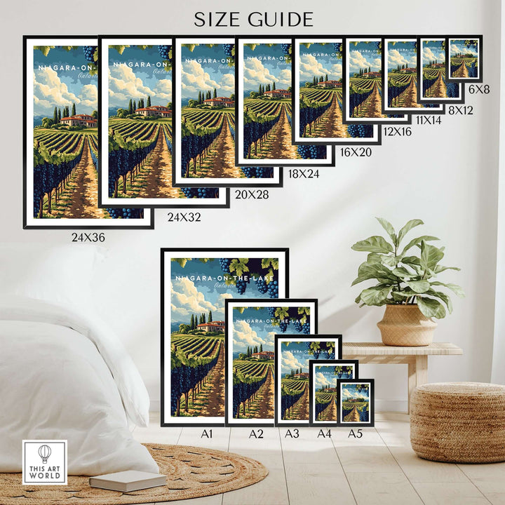 Size guide for Niagara-on-the-Lake wall art featuring various framed sizes in a cozy interior setting.