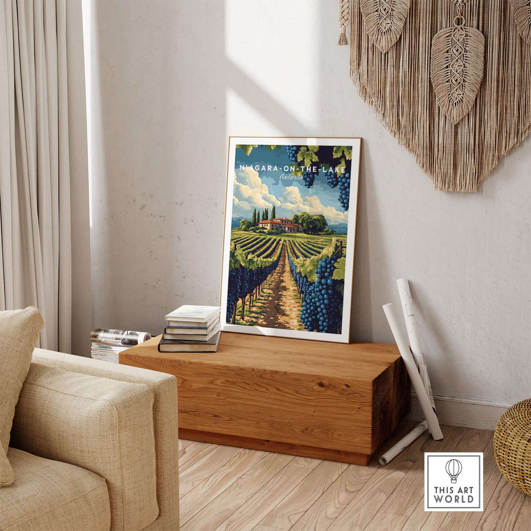 Niagara-on-the-Lake wall art showcasing lush vineyards in a modern living room setting.