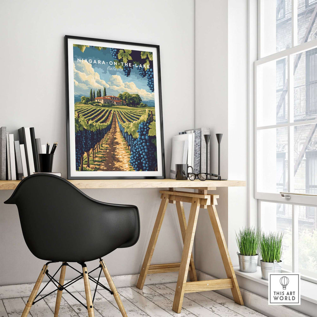 Framed Niagara-on-the-Lake wall art featuring lush vineyards in a stylish home office setting.