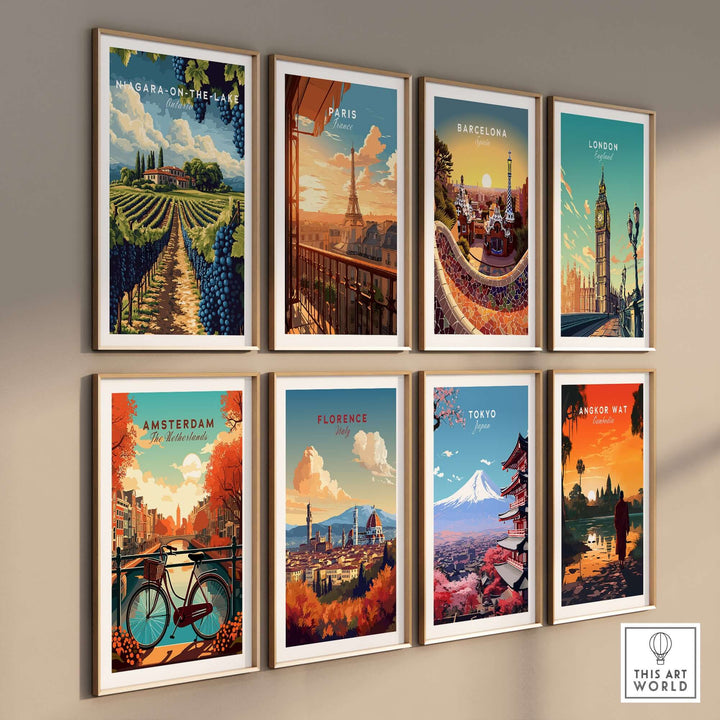 Collection of city wall art including Niagara-on-the-Lake, Paris, Barcelona, and more, showcasing vibrant landscapes.