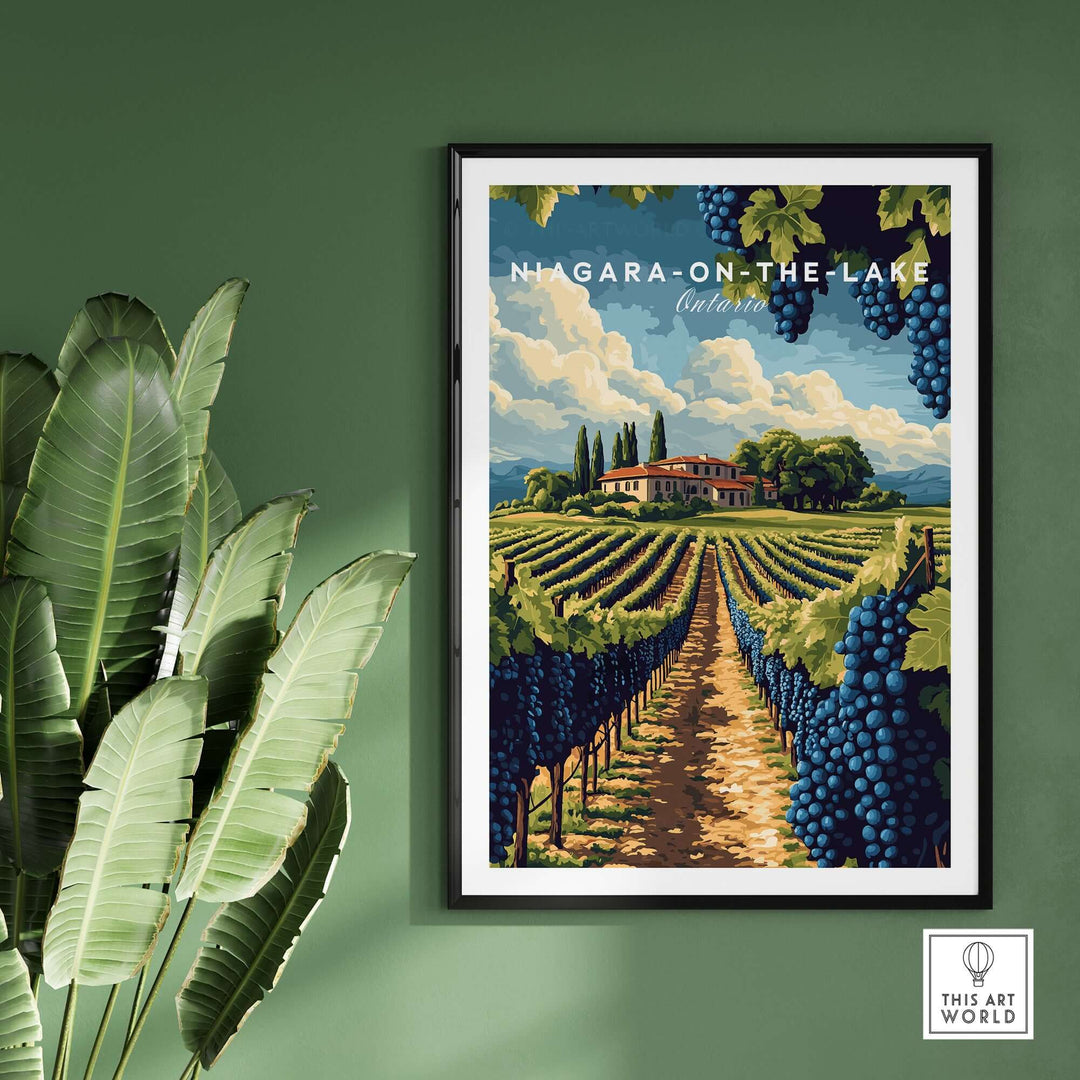 Niagara-on-the-Lake wall art featuring lush vineyards and a picturesque landscape in a framed setting.