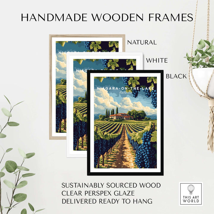 Handmade wooden frames for Niagara-on-the-Lake wall art in natural, white, and black colors, perfect for home decor.