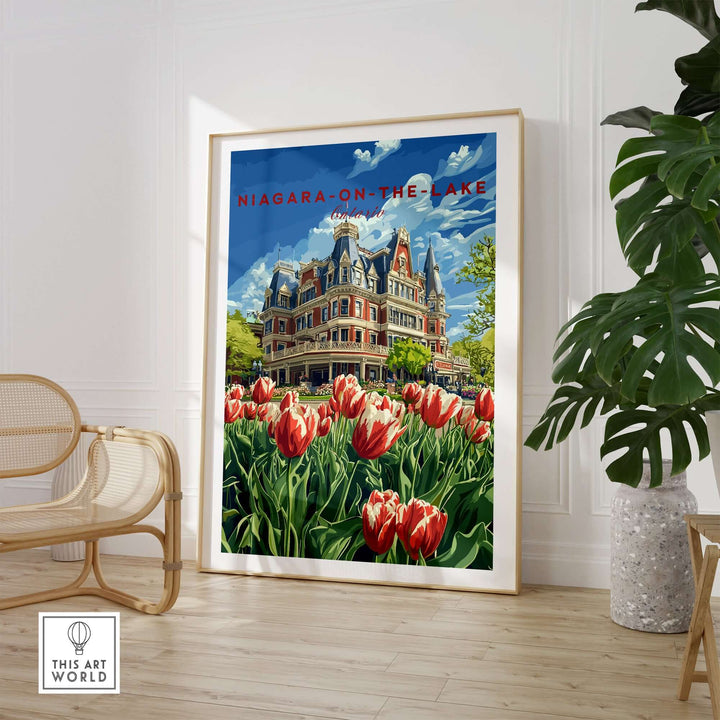 Niagara-on-the-Lake poster featuring vibrant tulips and historic architecture in a stylish home setting.