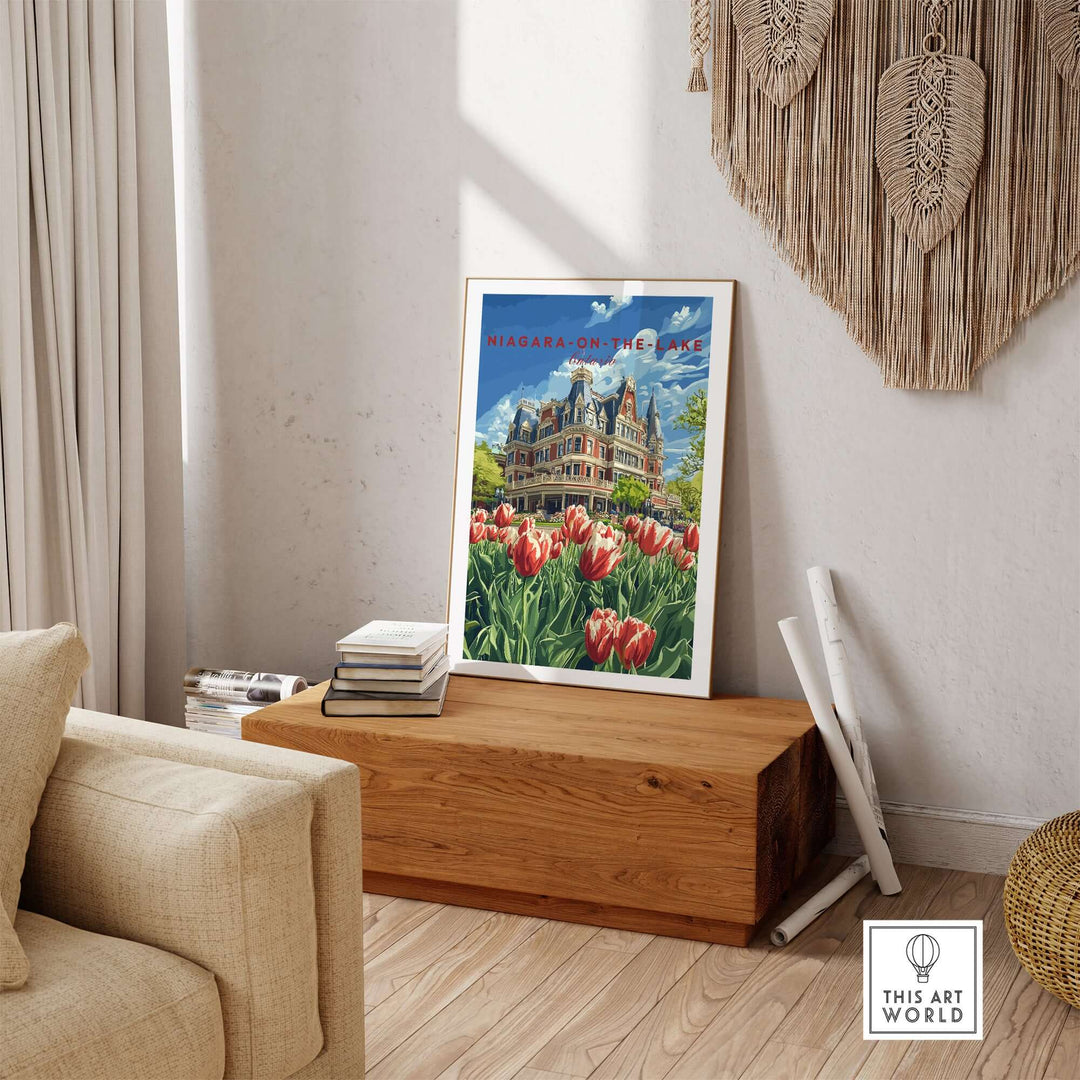 Niagara-on-the-Lake poster featuring vibrant tulips and a historic building, perfect for home decor.