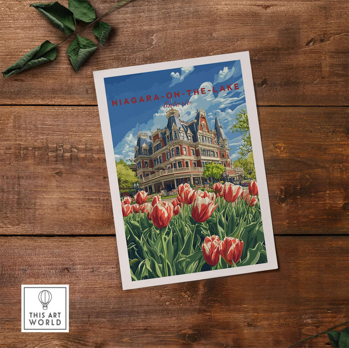 Niagara-on-the-Lake poster featuring vibrant tulips and historic architecture against a blue sky.