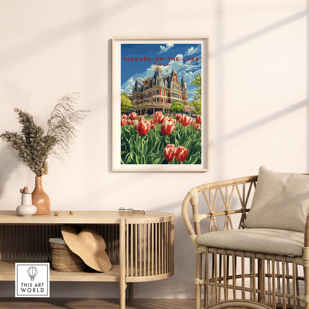 Niagara-on-the-Lake poster showcasing vibrant tulips and picturesque architecture, perfect for art lovers and travel enthusiasts.