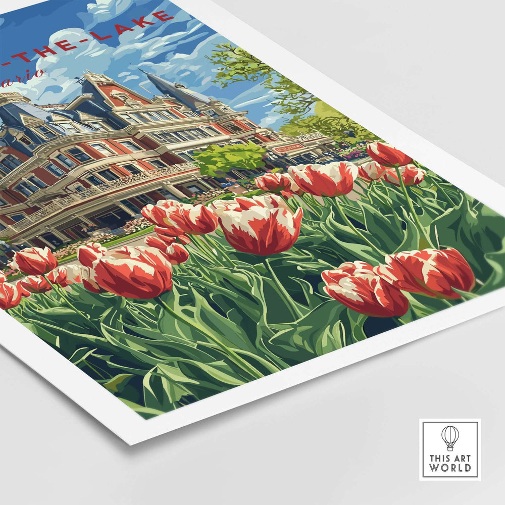 Vibrant Niagara-on-the-Lake poster featuring tulips and a historic building, perfect for art lovers.