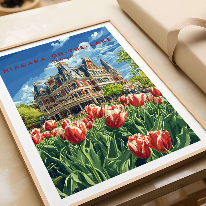 Niagara-on-the-Lake poster featuring vibrant tulips and a historic building in a beautiful setting.