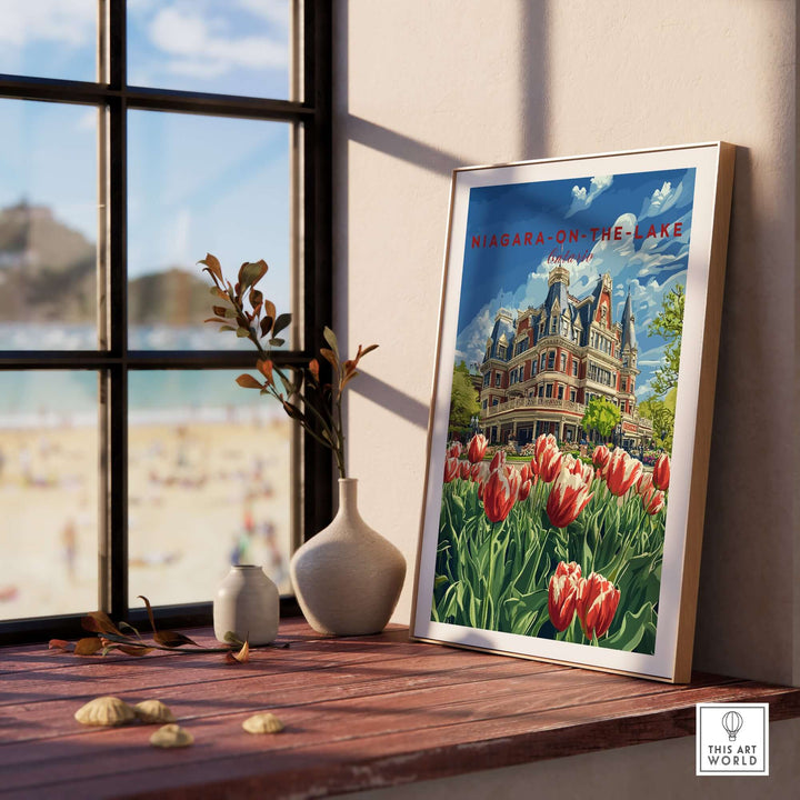 Niagara-on-the-Lake poster featuring vibrant tulips and picturesque scenery on a sunny windowsill.