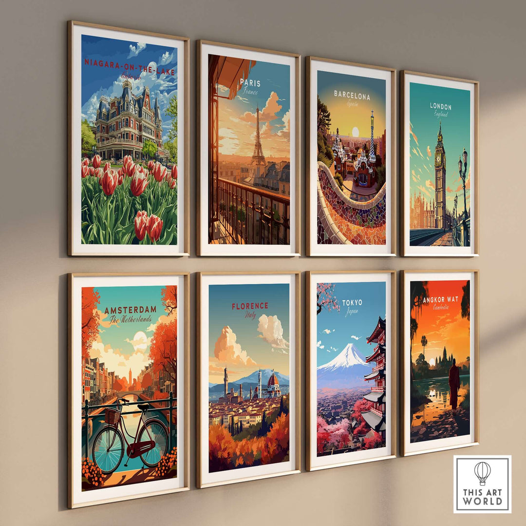 Wall display of travel posters including Niagara-on-the-Lake, vibrant tulips, and iconic cityscapes.