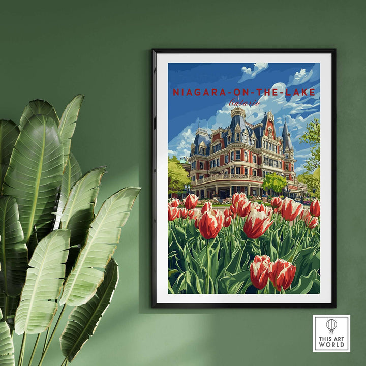 Niagara-on-the-Lake poster showcasing vibrant tulips and a charming building, perfect for art lovers and travel enthusiasts.