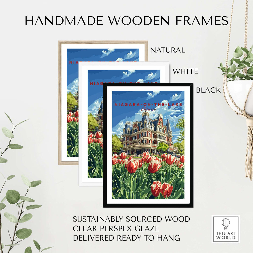 Three handmade wooden frames in natural, white, and black, showcasing the Niagara-on-the-Lake poster with vibrant tulips.