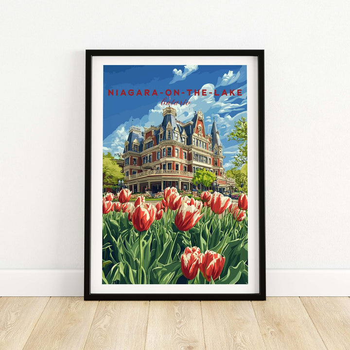 Niagara-on-the-Lake poster featuring vibrant tulips with a charming historic building in the background.