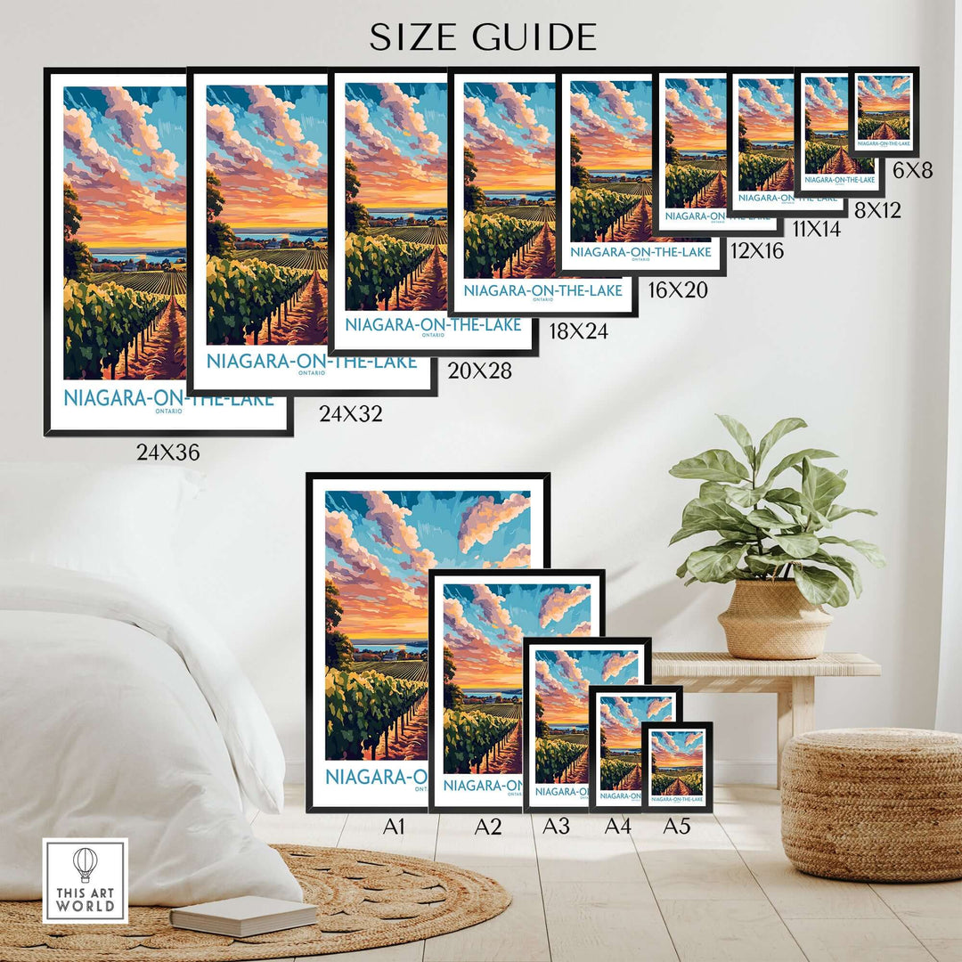 Size guide for Niagara-on-the-Lake travel poster, showcasing various dimensions and display options.