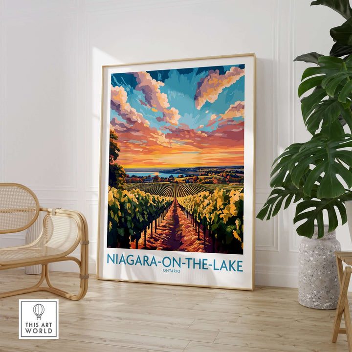 Niagara-on-the-Lake travel poster showcasing vineyards and a vibrant sunset, perfect for home or office decor.