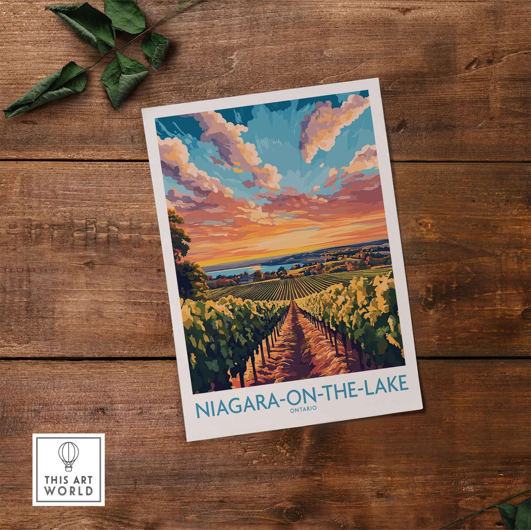 Niagara-on-the-Lake travel poster featuring vineyards and a vibrant sunset, ideal for home or office decor.