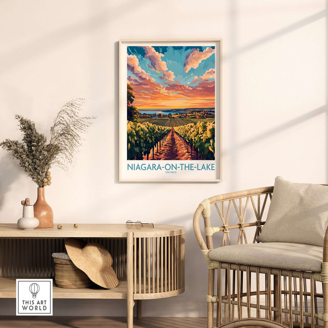 Niagara-on-the-Lake travel poster showcasing vineyards and a sunset, perfect for home decor.