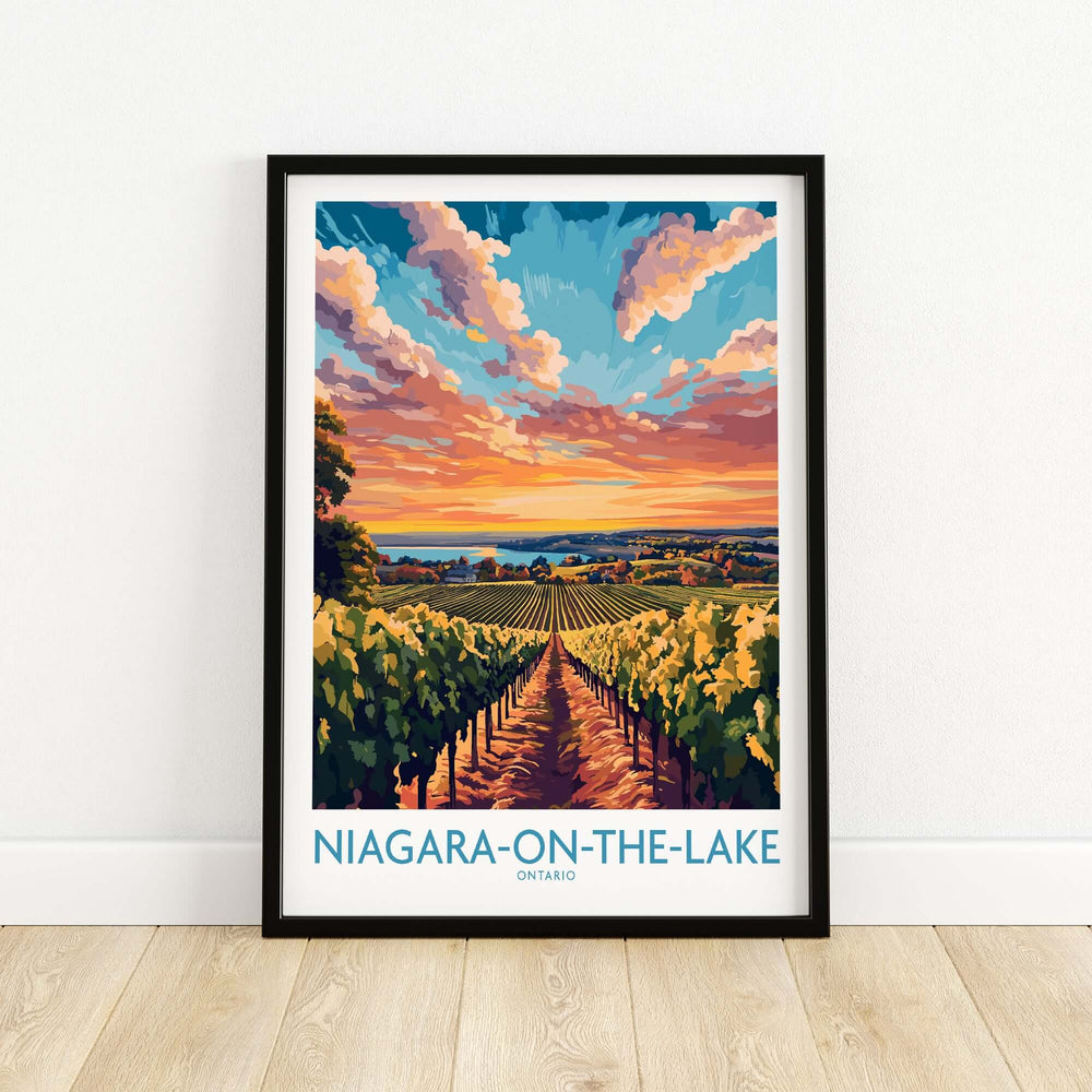 Niagara-on-the-Lake travel poster featuring vineyards and sunset, perfect home decor for wine lovers and travel enthusiasts.