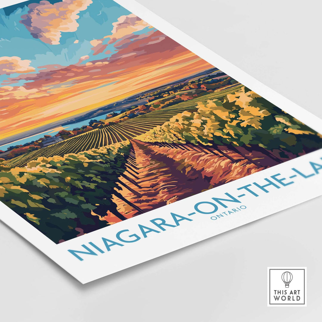 Colorful Niagara-on-the-Lake travel poster featuring vineyards and a sunset, perfect for home or office decor.