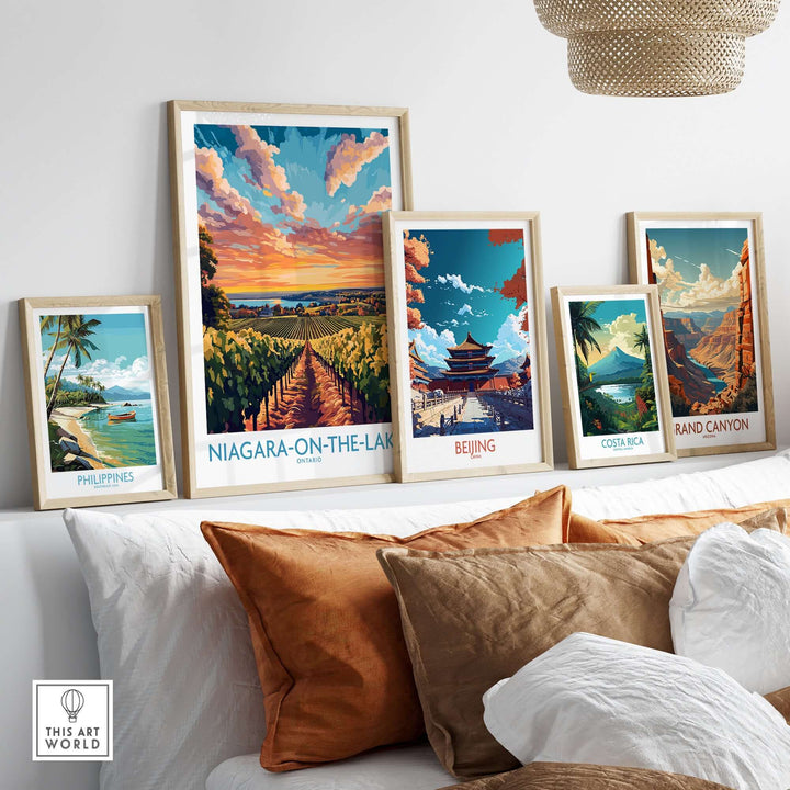 Collection of travel posters including Niagara-on-the-Lake, showcasing beautiful landscapes and vibrant colors.