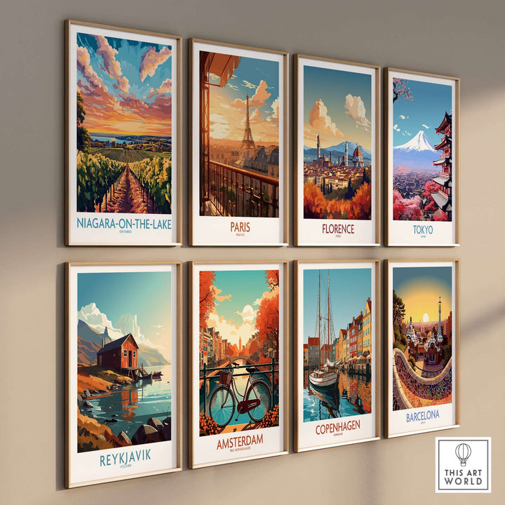 Collection of vibrant travel posters including Niagara-on-the-Lake, showcasing various famous cities and landscapes.