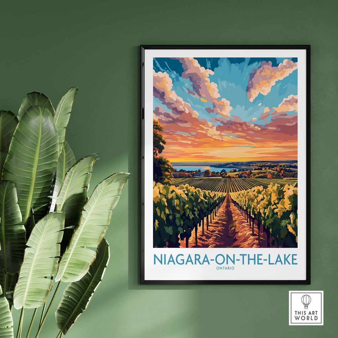 Niagara-on-the-Lake travel poster showcasing vineyards and a sunset, perfect for home or office decor.