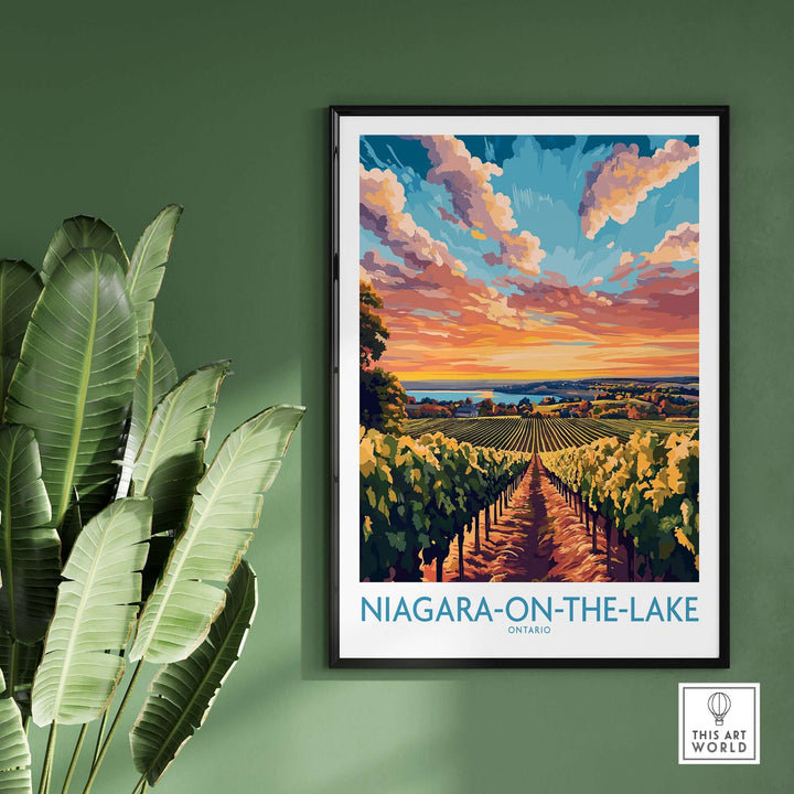 Niagara-on-the-Lake travel poster showcasing vineyards and a sunset, perfect for home or office decor.