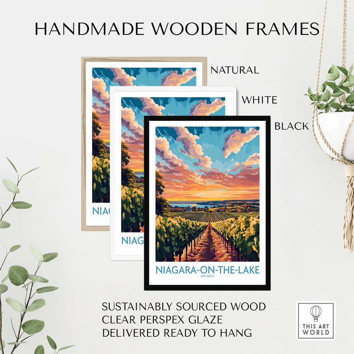 Handmade wooden frames in natural, white, and black for Niagara-on-the-Lake travel poster, sustainably sourced and ready to hang.