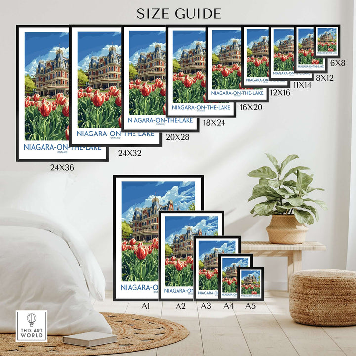 Size guide for Niagara-on-the-Lake print showcasing vibrant colors and various frame sizes in a stylish interior.