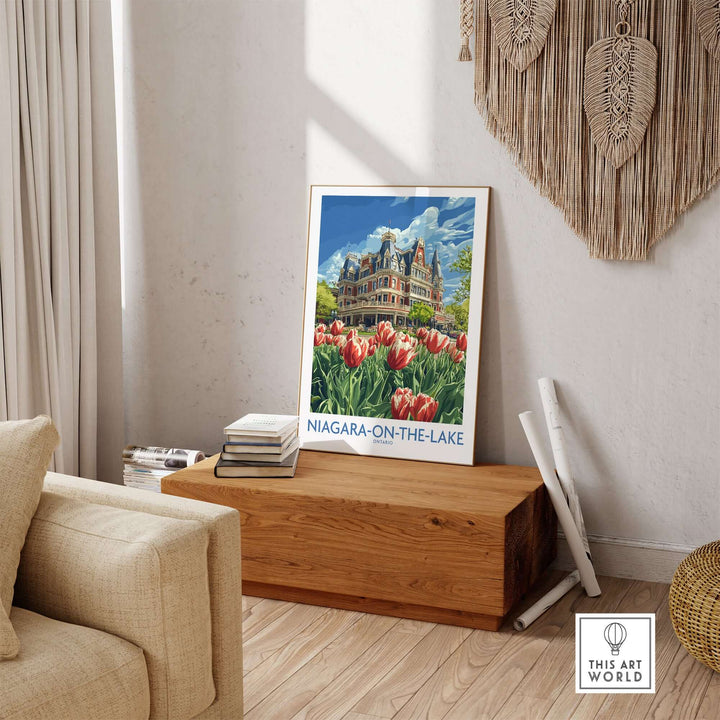 Niagara-on-the-Lake print featuring vibrant tulips and a historic building in an elegant room setting.