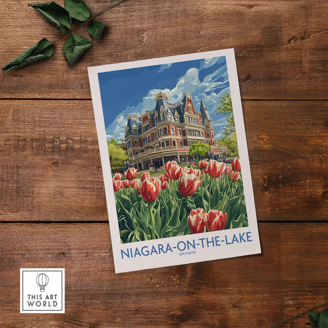 Vibrant print of Niagara-on-the-Lake, featuring flowers and historic buildings, perfect for home decor.