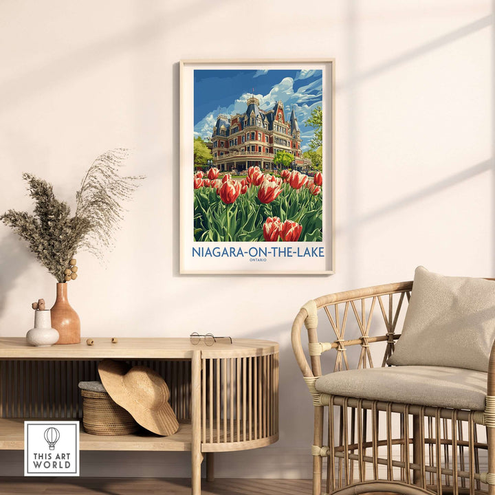 Niagara-on-the-Lake print showcasing vibrant tulips and historic architecture in a stylish interior setting.