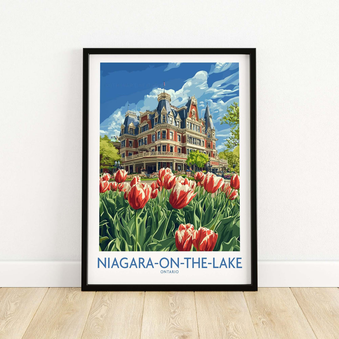 Vibrant Niagara-on-the-Lake print featuring colorful tulips and historic architecture in Canada.