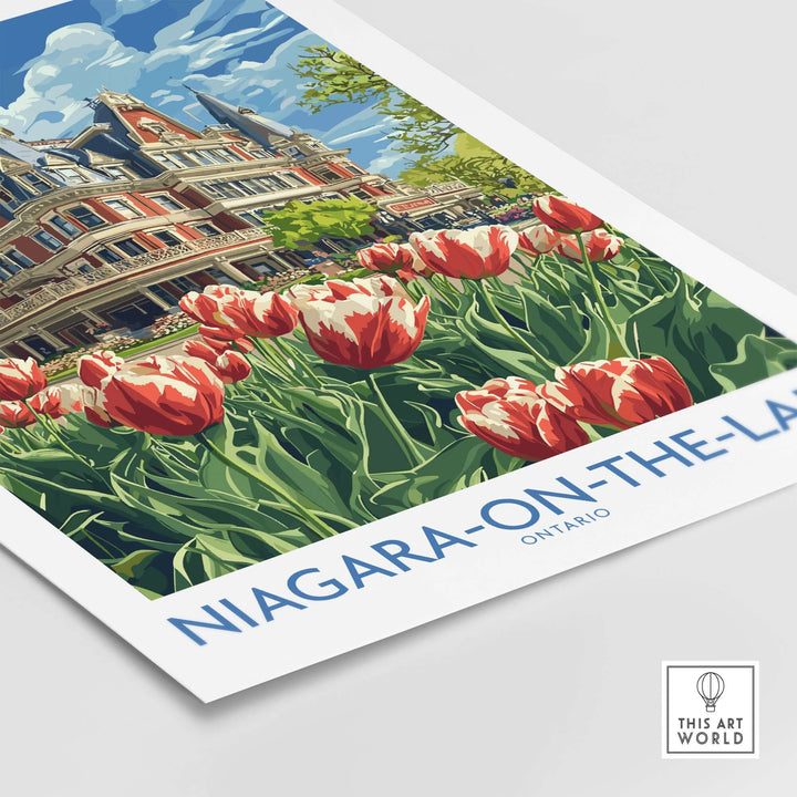 Niagara-on-the-Lake print showcasing tulips and historic buildings, vibrant colors, perfect for home decor.