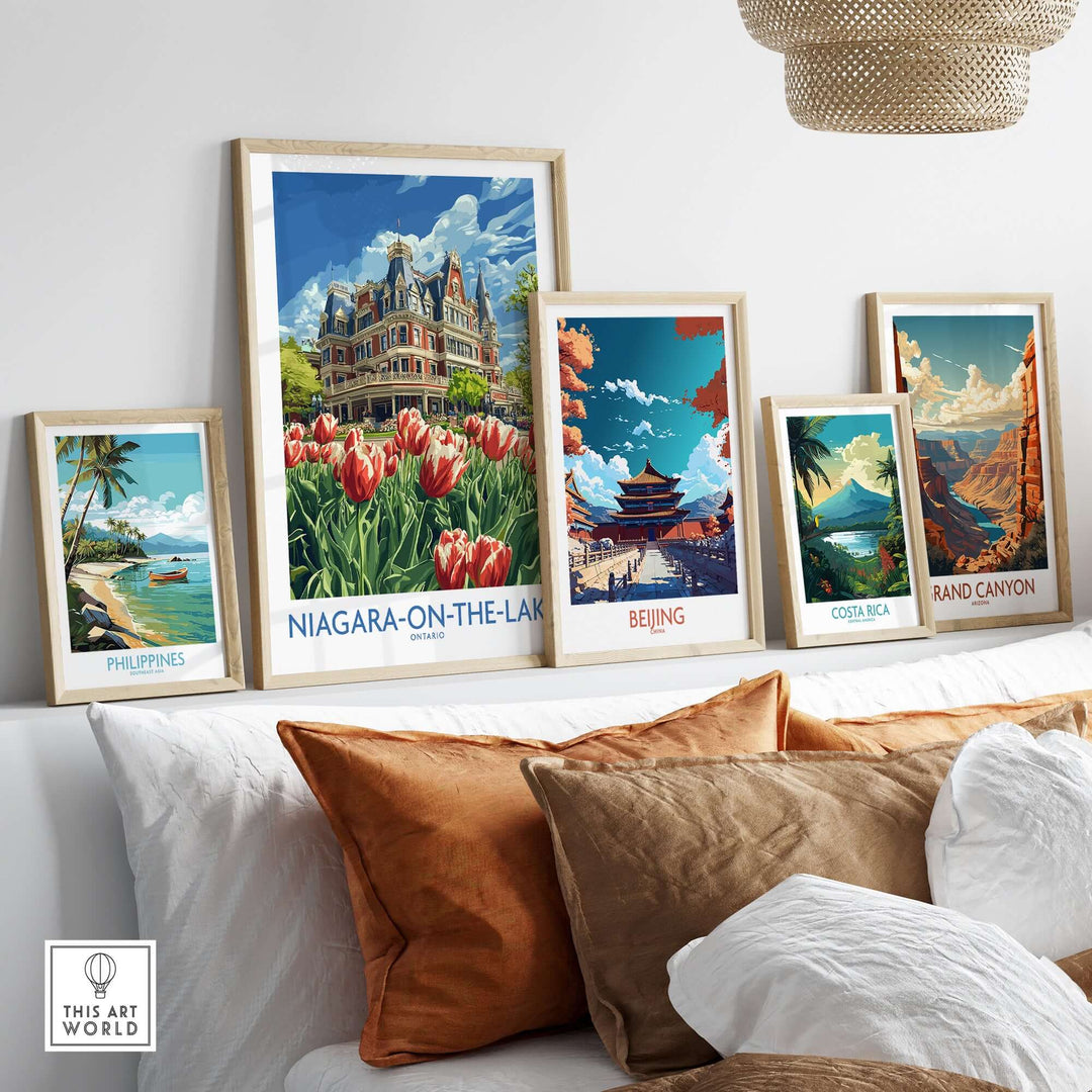 A collection of framed travel prints including Niagara-on-the-Lake, showcasing vibrant colors and scenic views.