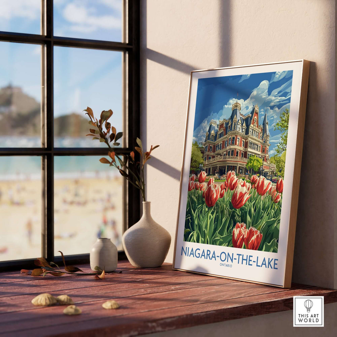 Niagara-on-the-Lake print featuring vibrant tulips and iconic architecture, perfect for home decor.