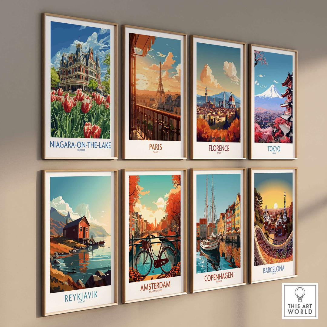 Eight travel art prints including Niagara-on-the-Lake, Paris, Florence, Tokyo, Reykjavik, Amsterdam, Copenhagen, and Barcelona.