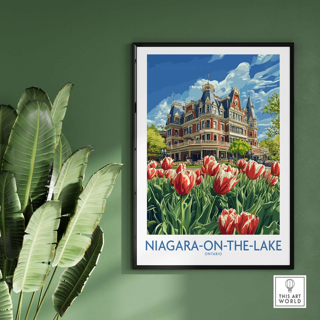 Vibrant Niagara-on-the-Lake print showcasing tulips and historical architecture in Ontario.