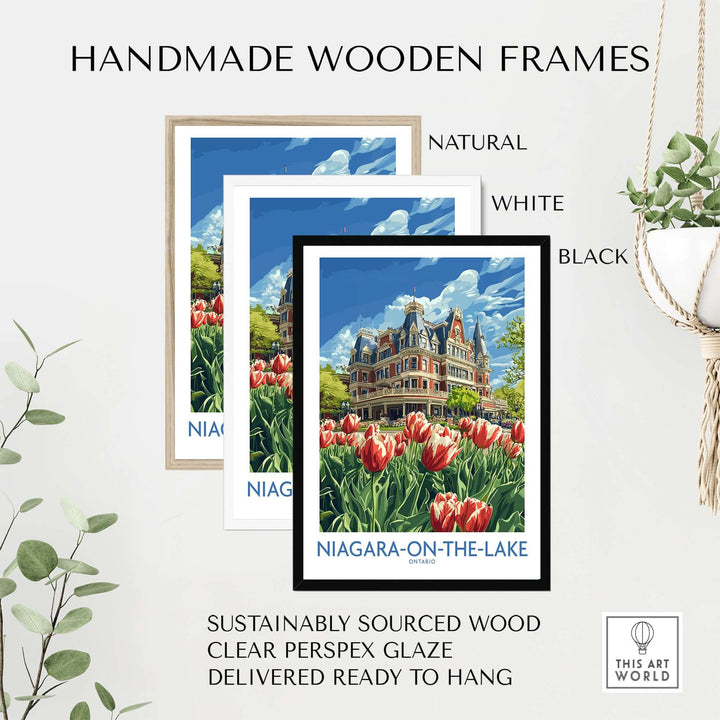 Handmade wooden frames for Niagara-on-the-Lake prints in natural, white, and black finishes, ready to hang.