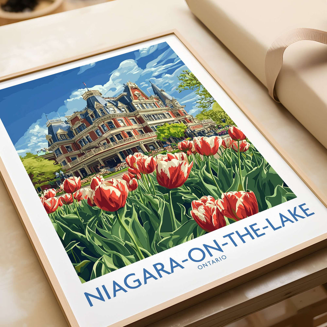 Niagara-on-the-Lake print featuring vibrant tulips and historic architecture, perfect for home decor.