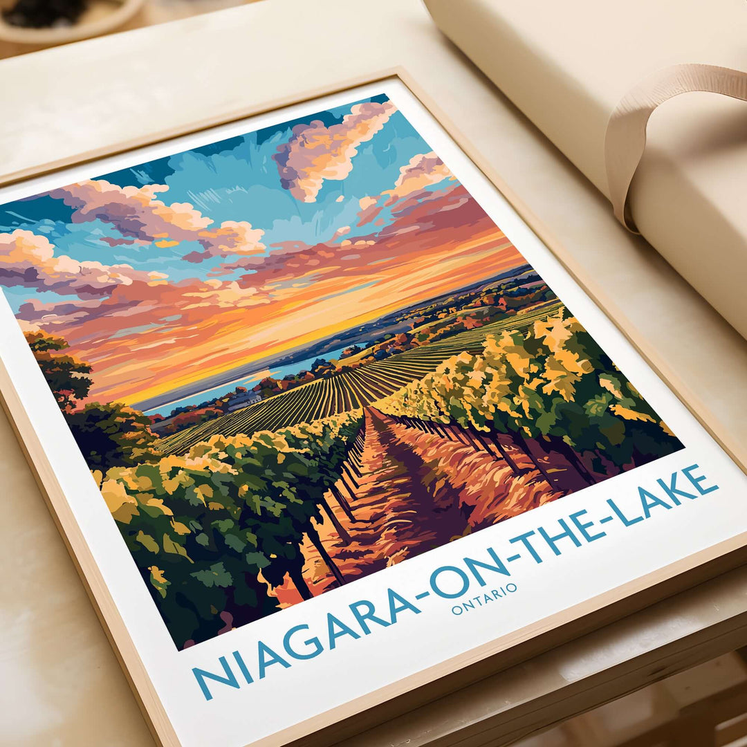 Niagara-on-the-Lake travel poster featuring vineyards and a sunset, perfect for home or office decor.