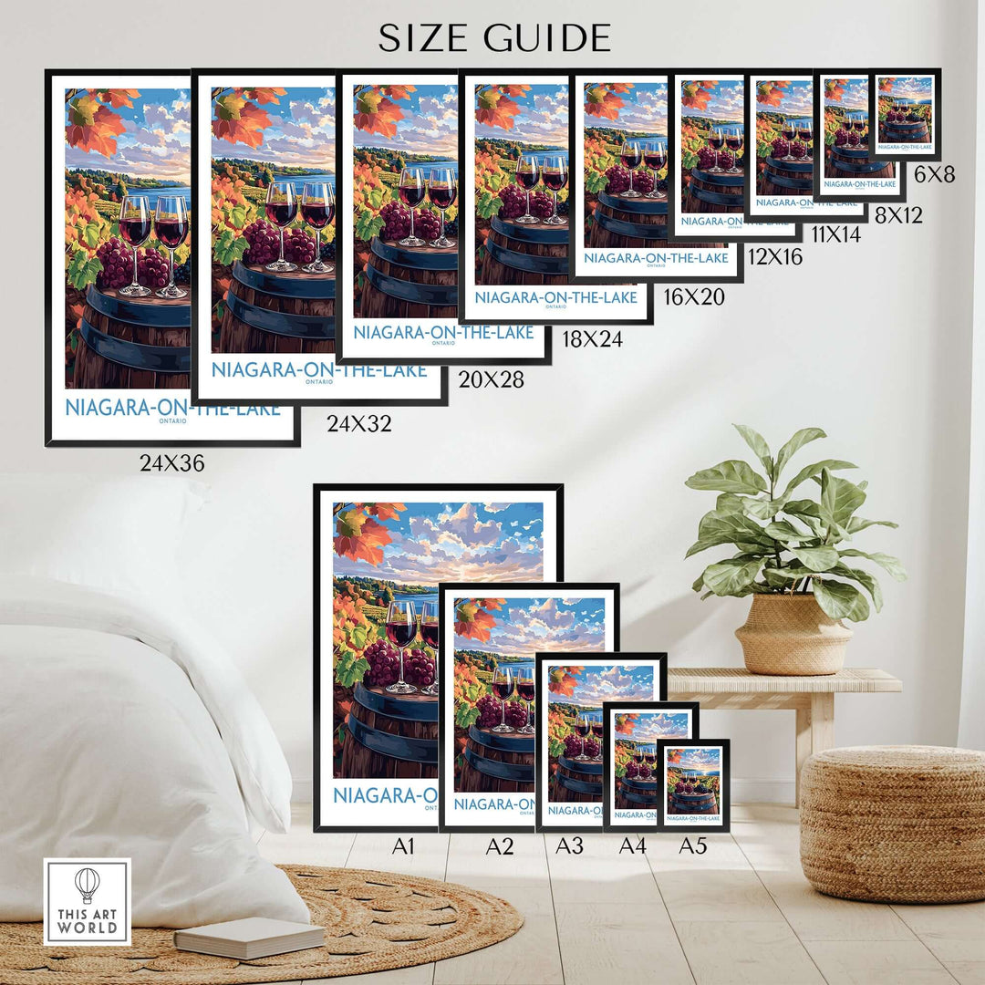 Size guide for Niagara-on-the-Lake travel poster showcasing various dimensions on a stylish interior wall.