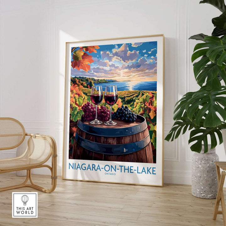 Niagara-on-the-Lake travel poster featuring vineyards, wine glasses, and scenic sunset in a stylish interior.